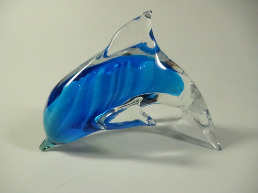 MURANO STYLE ART GLASS DOLPHIN SCULPTURE, BLUE AND (1 of 4)