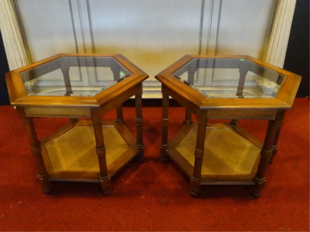 PAIR HEXAGONAL SIDE TABLES, GLASS INSET TOP, VERY GOOD (1 of 5)