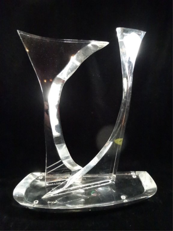 SIGNED VAN TEAL LUCITE SCULPTURE, CLEAR, CUT, BEVELED &: SIGNED VAN TEAL LUCITE SCULPTURE, CLEAR, CUT, BEVELED & CONJOINED, APPROX 14.5" X 12" X 5.5"