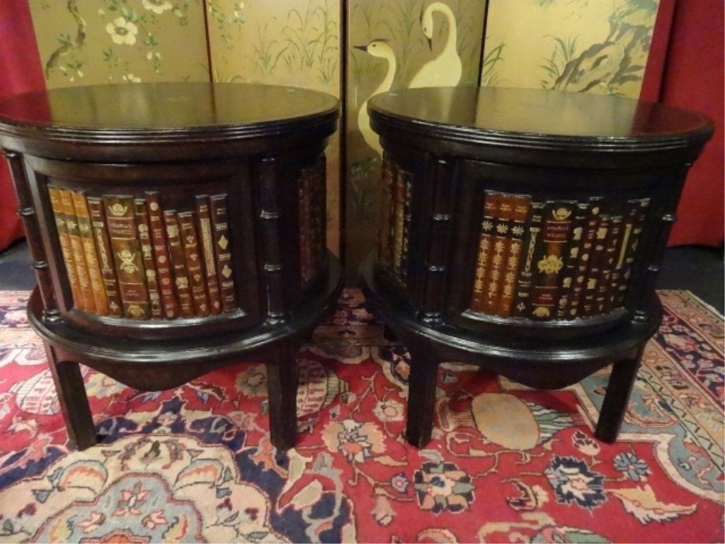 PAIR LEATHER TOP DRUM TABLES BY LINEAGE HOME, BOOK (1 of 9)