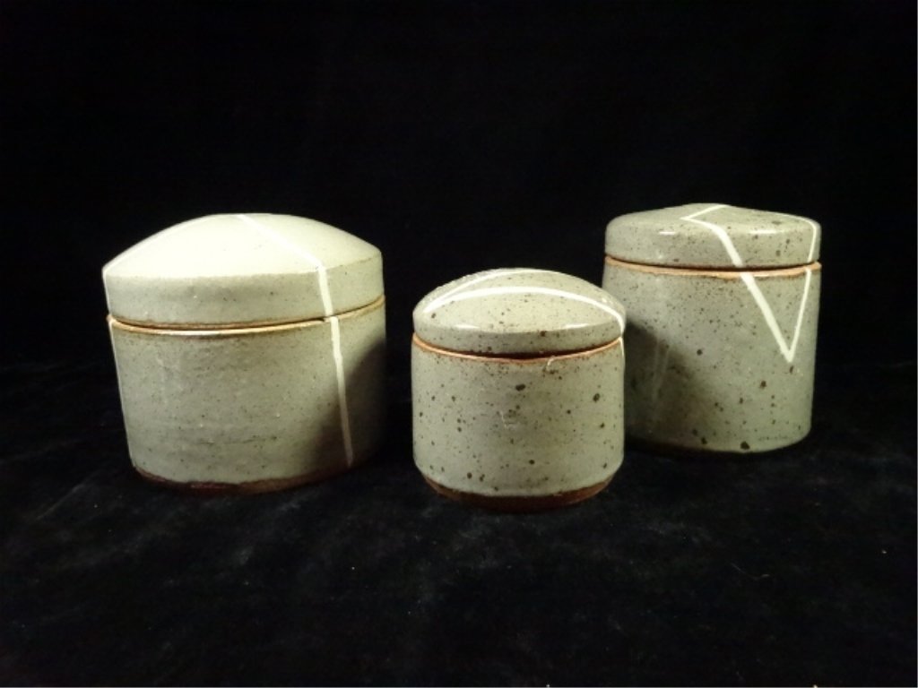 3 PC ART POTTERY CANISTERS, 1 SIGNED BY ARTIST, 1 WITH (1 of 7)