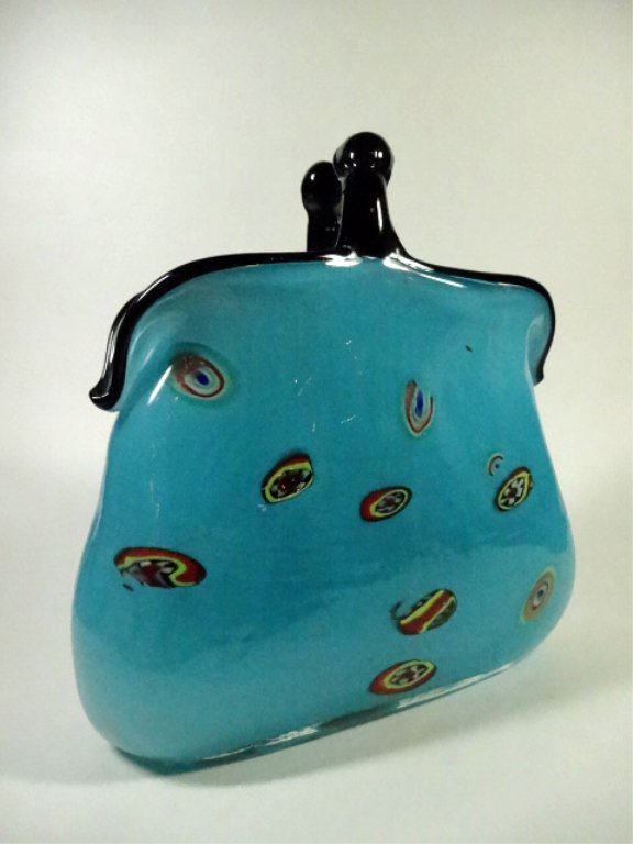 MURANO STYLE ART GLASS PURSE SHAPED VASE, BLUE, APPROX: MURANO STYLE ART GLASS PURSE SHAPED VASE, BLUE, APPROX 8.25" X 7.25"