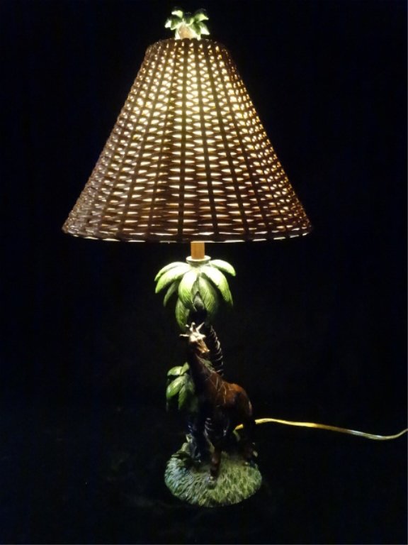 GIRAFFE AND PALM TABLE LAMP, WICKER SHADE, MOULDED (1 of 4)