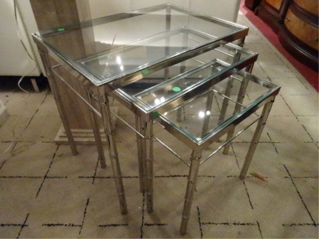 3 PC CHROME AND GLASS STACKING TABLES, BAMBOO MOTIF, (1 of 5)