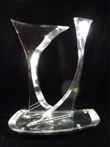 SIGNED VAN TEAL LUCITE SCULPTURE, CLEAR, CUT, BEVELED &: SIGNED VAN TEAL LUCITE SCULPTURE, CLEAR, CUT, BEVELED & CONJOINED, APPROX 14.5" X 12" X 5.5"