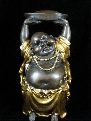 BRONZE HAPPY BUDDHA SCULPTURE, RAISED ARMS, PATINATED (1 of 6)