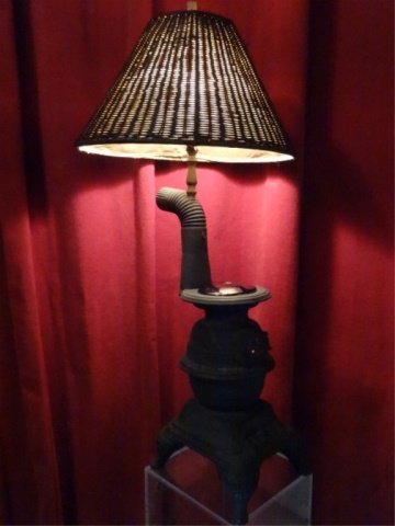POT BELLIED STOVE FORM LAMP, WICKER SHADE, METAL POT (1 of 6)