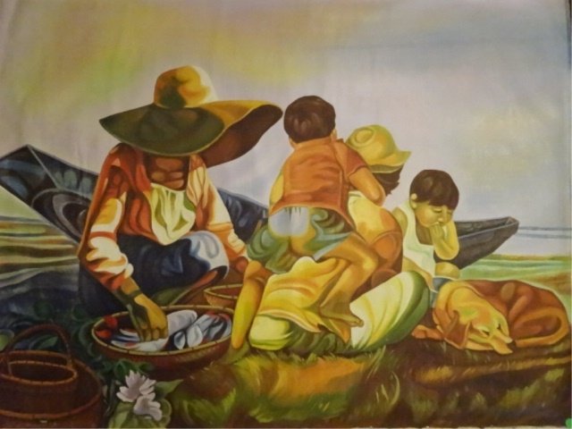 OIL PAINTING ON CANVAS, SOUTH/CENTRAL AMERICAN FIGURAL: OIL PAINTING ON CANVAS, SOUTH/CENTRAL AMERICAN FIGURAL SCENE, ILLEGIBLE SIGNATURE LOWER RIGHT, UNFRAMED UNMOUNTED CANVAS, 36" X 48", SKU788.81