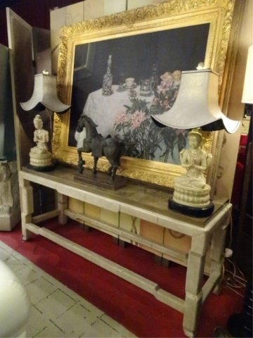 ASIAN STYLE LEATHER WRAPPED CONSOLE TABLE, PALE (1 of 6)