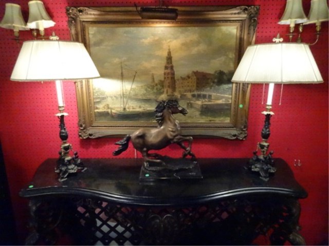 PAIR GILT METAL LAMPS, FIGURAL BASES, PLEATED OVAL (1 of 9)