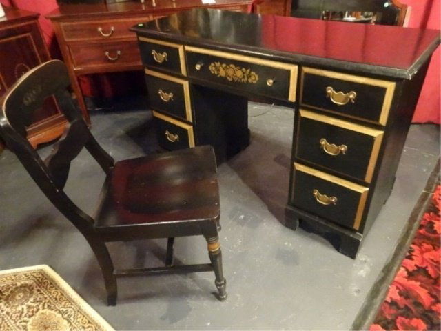 2 PC WOOD KNEEHOLE DESK AND CHAIR, BLACK AND GOLD (1 of 7)