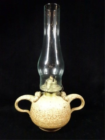 POTTERY BASE KEROSENE LAMP, SIGNED ON BOTTOM, SLIGHT (1 of 6)