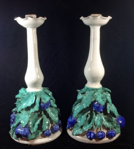 PAIR LARGE ITALIAN PORCELAIN CANDLE HOLDERS, GRAPEVINE (1 of 10)
