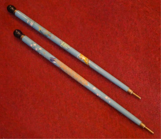 2 CHINESE CARVED WOOD CANES, PAINTED WOOD WITH BRASS: 2 CHINESE CARVED WOOD CANES, PAINTED WOOD WITH BRASS TIPS AND ACCENTS, ONE HAS PEACOCK DESIGN, THE OTHER HAS DRAGON AND TIGER DESIGN, VERY GOOD CONDITION, 34"H