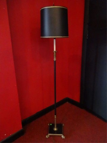 BRASS AND METAL FLOOR LAMP, LION PAW FEET, BLACK SHADE, (1 of 3)