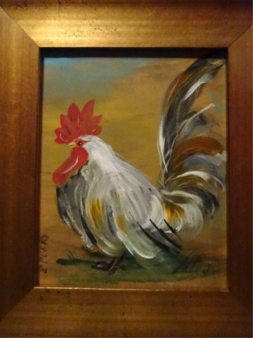 ACRYLIC ON BOARD PAINTING, ROOSTER, SIGNED E. PERRY (1 of 4)