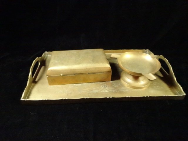 3 PC BRASS CIGARETTE SET, INCLUDES CIGARETTE BOX WITH (1 of 5)