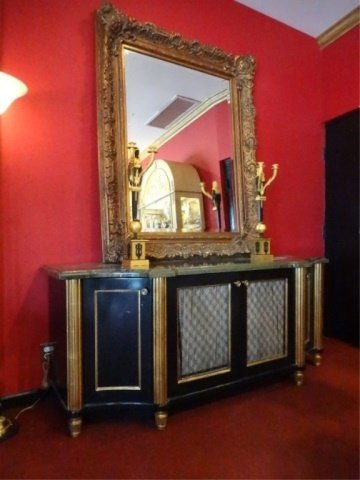 NEOCLASSICAL CREDENZA, GOLD AND BLACK FINISH, WITH: NEOCLASSICAL CREDENZA, GOLD AND BLACK FINISH, WITH CARVED COLUMNS, MESH FRONT DOORS, BEVELED MARBLE TOP, VERY GOOD CONDITION WITH BACK REMOVED SO THAT ENTERTAINMENT EQUIPMENT CAN BE INSTALLED, 72"W X 