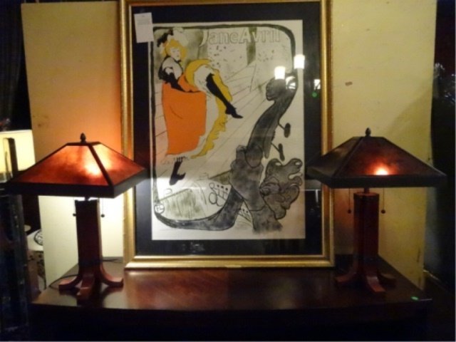 PAIR MISSION STYLE LAMPS, WOOD BASES WITH AMBER ACRYLIC (1 of 7)