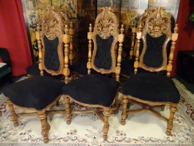6 GOTHIC REVIVAL STYLE CHAIRS, WOOD FRAMES WITH CARVED (1 of 8)