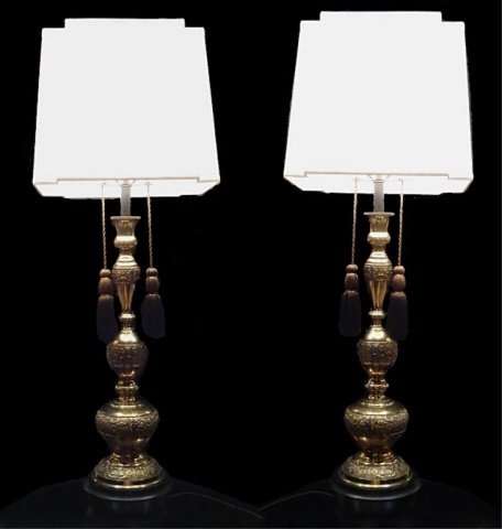 PAIR TALL CHINESE BRASS LAMPS, EMBOSSED DESIGNS, WOOD (1 of 9)