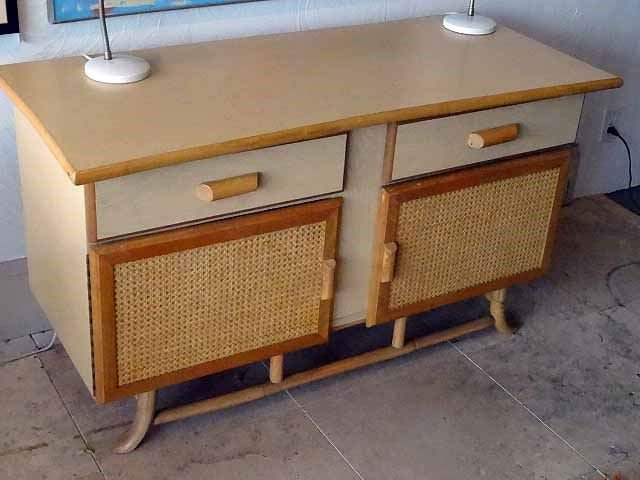 1960's BAMBOO AND LAMINATE SIDEBOARD/BUFFET, BAMBOO AND: 1960's BAMBOO AND LAMINATE SIDEBOARD/BUFFET, BAMBOO AND CANE PANELED DOORS LAMINATE TOP, VERY GOOD VINTAGE CONDITION, 48"W X 21"D X 27.5"H, SKUJM