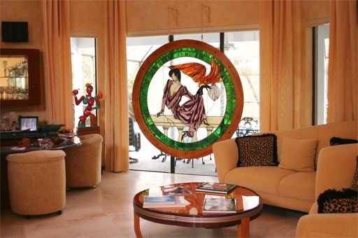 HUGE 6 FT STAINED AND LEADED GLASS PANEL, ART NOUVEAU (1 of 3)