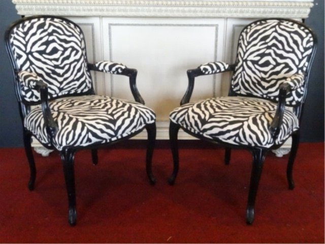 PAIR LOUIS XV STYLE ARMCHAIRS, ZEBRA PRINT UPHOLSTERY. (1 of 8)