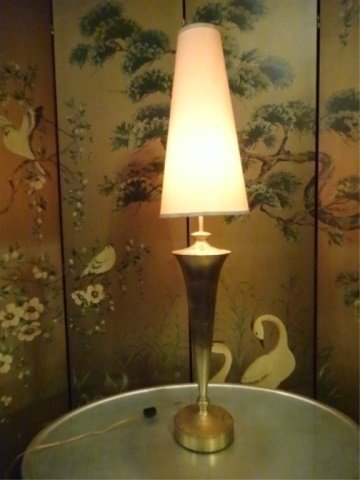 TALL DISTRESSED GOLD FINISH TABLE LAMP, CONICAL SHADE, (1 of 5)