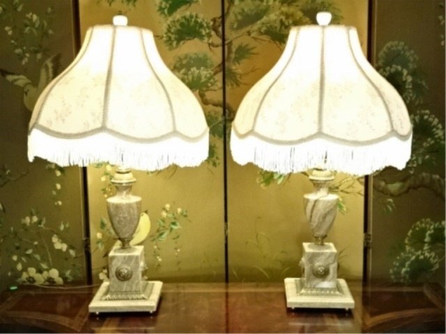 PAIR MARBLE AND BRONZE LAMPS, FRINGED SHADES, EXCELLENT (1 of 9)