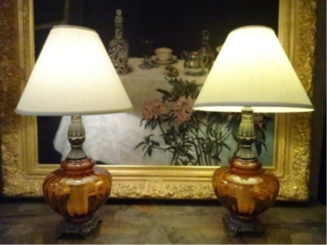 PAIR LARGE AMBER GLASS LAMPS, ORNATE METAL BASES, WHITE (1 of 6)
