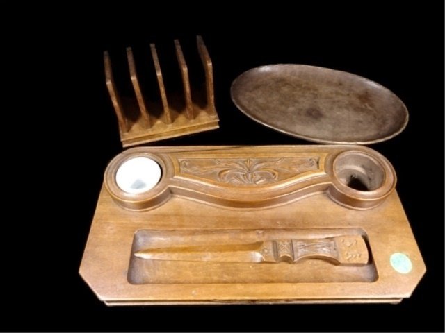 4 PC ANTIQUE GERMAN WOOD DESK SET, INKWELL, LETTER (1 of 5)