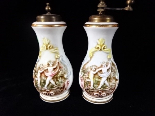 PAIR R. CAPODIMONTE SALT AND PEPPER, FIGURAL DESIGNS,: PAIR R. CAPODIMONTE SALT AND PEPPER, FIGURAL DESIGNS, MARKED ON BASE, 7" X 3", SKU843.06