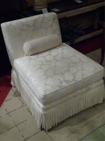 WHITE UPHOLSTERED SLIPPER CHAIR WITH FRINGED BASE, (1 of 4)