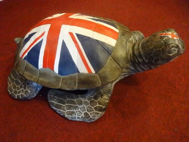 LARGE TORTOISE SCULPTURE, PAINTED BRITISH FLAG, RESIN (1 of 4)