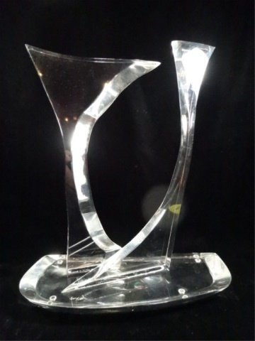 SIGNED VAN TEAL LUCITE SCULPTURE, CLEAR, CUT, BEVELED &: SIGNED VAN TEAL LUCITE SCULPTURE, CLEAR, CUT, BEVELED & CONJOINED, APPROX 14.5" X 12" X 5.5"