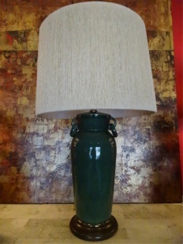 MID CENTURY FREDERICK COOPER LAMP, PORCELAIN URN SHAPE: MID CENTURY FREDERICK COOPER LAMP, PORCELAIN URN SHAPE WITH GREEN CRACKLE GLAZE, STRING SHADE, EXCELLENT VINTAGE CONDITION, APPROX 30"H, SKU886