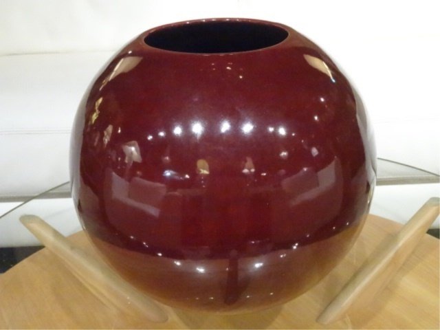 LARGE CERAMIC BALL VASE, MAROON GLAZE, EXCELLENT (1 of 3)