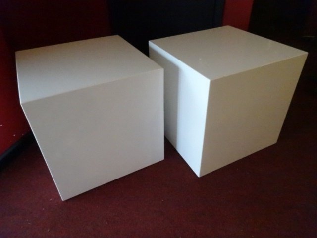 PAIR MODERN DESIGN SQUARE CUBE TABLES, WHITE ENAMEL (1 of 5)