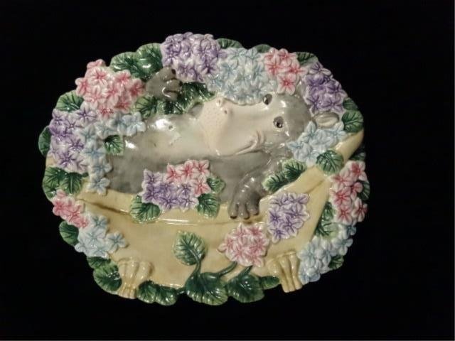 FITZ & FLOYD CERAMIC PLATE, WHIMSICAL HIPPO IN BED OF (1 of 5)