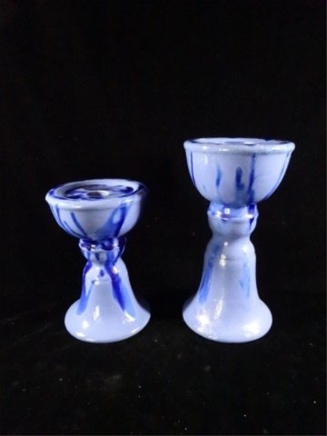 2 CERAMIC CANDLE HOLDERS, BLUE, APPROX 9"H & 7"H (1 of 3)