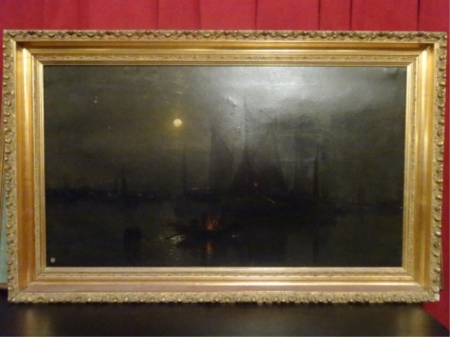 ANTIQUE OIL ON CANVAS PAINTING, NAUTICAL SCENE AT NIGHT (1 of 9)