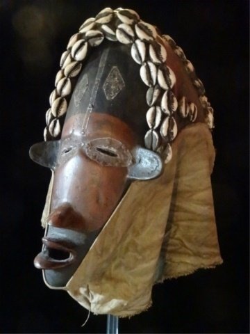 ANTIQUE AFRICAN HELMET MASK, WOOD AND CLOTH WITH COWRIE (1 of 7)