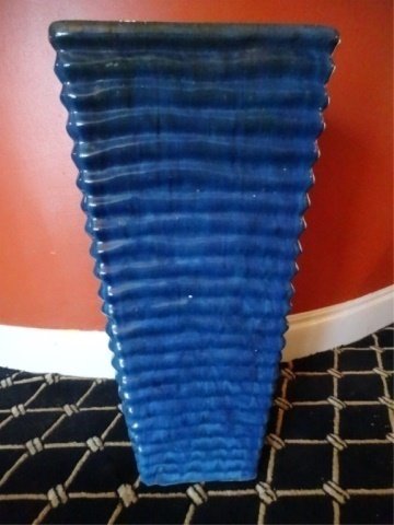 BLUE CERAMIC PLANTER, SQUARE WITH RIPPLED FLUTED (1 of 4)