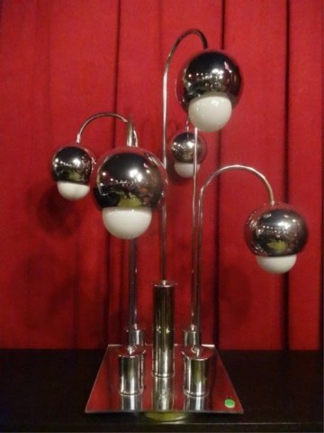 1960's CHROME BALL TABLE LAMP. ROBERT SONNEMAN STYLE,: 1960's CHROME BALL TABLE LAMP. ROBERT SONNEMAN STYLE, MID CENTURY MODERN, 5 LIGHTS ON ARC ARMS, SQUARE CHROME BASE, VERY GOOD VINTAGE CONDITION, APPROX 31"H, SKU919.04