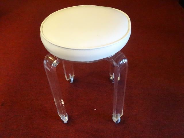 MID CENTURY LUCITE STOOL, ROUND WHITE VINYL TOP, ON (1 of 5)