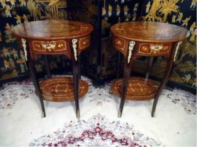 PAIR LOUIS XV STYLE MARQUETRY TABLES, INLAID OVAL TOPS (1 of 10)