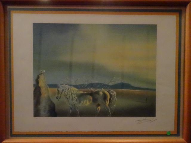 AFTER SALVADOR DALI PRINT, HORSE AND SUNSET, FRAMED: AFTER SALVADOR DALI PRINT, HORSE AND SUNSET, FRAMED SIZE APPROX 36" X 27"