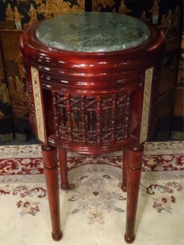 ROUND MARQUETRY TABLE, GREEN MARBLE TOP, EXCELLENT (1 of 7)