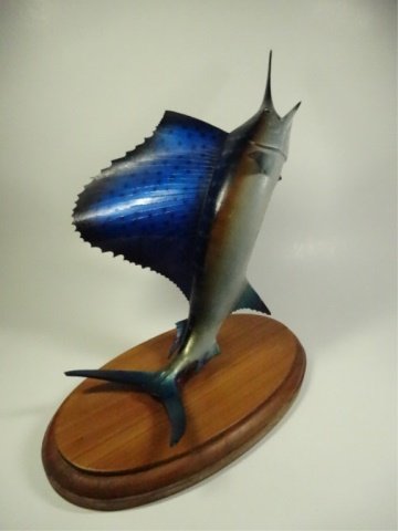 REPLICA MINIATURE SAILFISH, MOUNTED ON BOARD, MINOR: REPLICA MINIATURE SAILFISH, MOUNTED ON BOARD, MINOR REPAIR, APPROX 11.25" X 10.25" X 6"